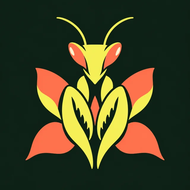 Insecta's yellow and coral mantis emblem on dark green